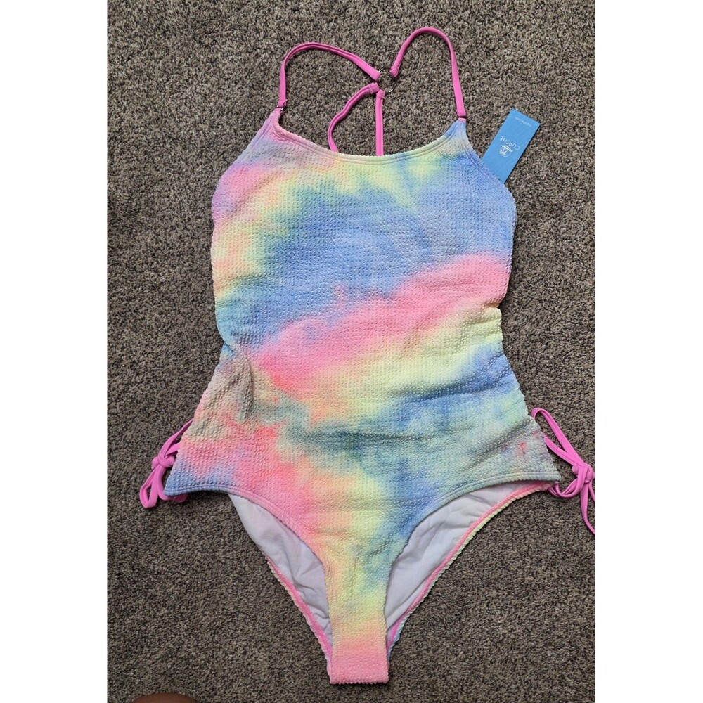 NWT Cupshe One Piece Swimsuit Size Large Pastel Rainbow Tie Dye Lace Back